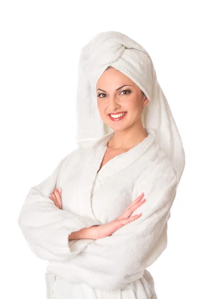 Woman in bathrobe is smiling Royalty Free Stock Photos