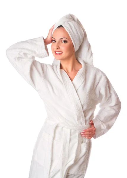 Woman in robe is posing Royalty Free Stock Photos