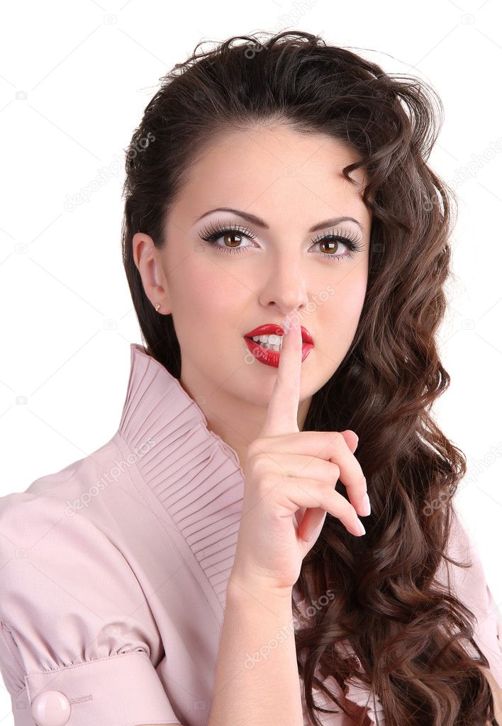 Pin up girl showing silence gesture