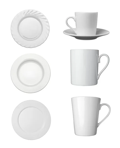 Copo branco, prato e pratos bebida bebida alimentos — Fotografia de Stock