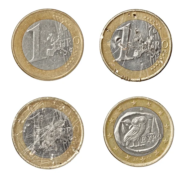 Euro mince poškozené opotřebené finanční krize — Stock fotografie