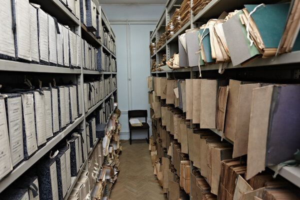 Old vintage file documents in storage room