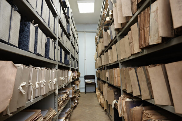 Old vintage file documents in storage room
