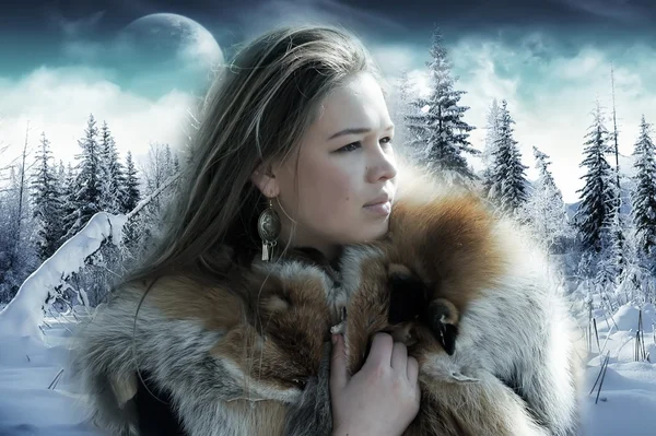 Das Mädchen gegen eine Winterlandschaft — Stockfoto