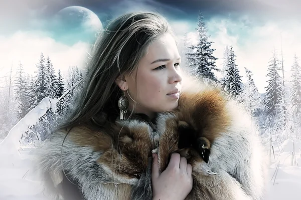 La muchacha contra el paisaje invernal — Foto de Stock
