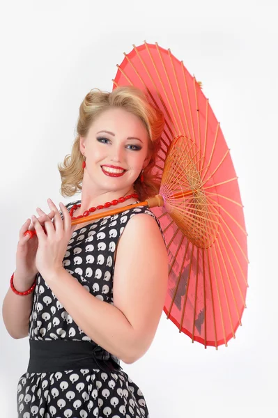 Het meisje met de chinese paraplu de foto in de stijl van de 60e jaar — Stockfoto