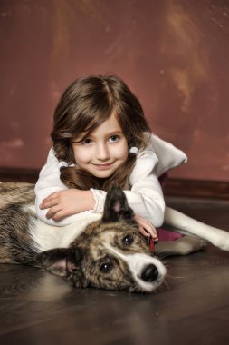 Vintage portrait of a little girl with dog clipart