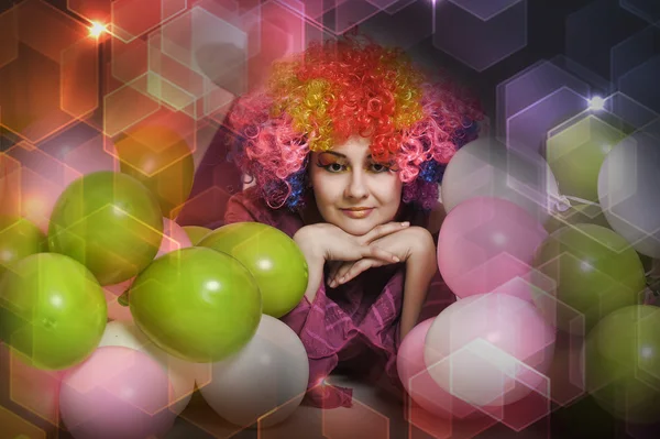 Mädchen Clown und Luftballons — Stockfoto