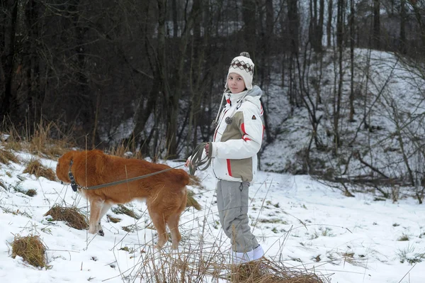 Teen flicka vandrar en stor hund i vinter — Stockfoto