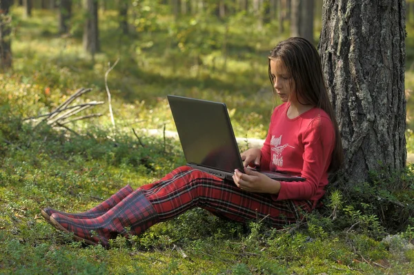 Beautiful girl with a laptop is in the woods — Stock Photo, Image