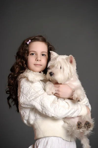 Mooi meisje met een witte pluizige hond — Stockfoto