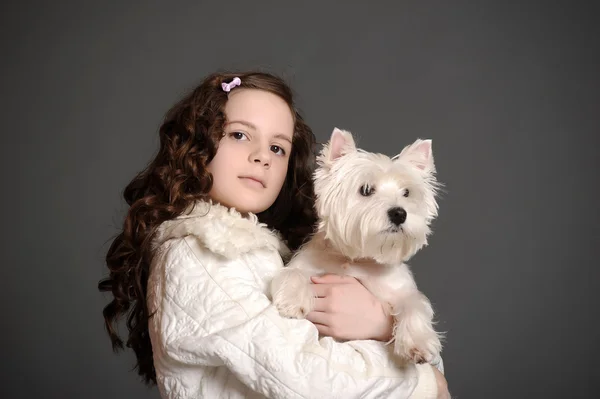 一只毛绒绒的白狗的漂亮女孩 — 图库照片