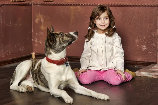 Portrait of a little girl with dog — Stock Photo, Image