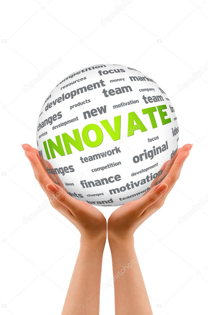 Hands holding a Innovate Sphere sign on white background.