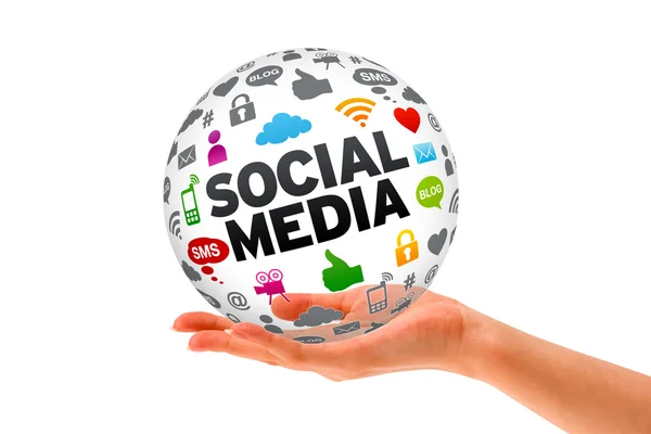 Ręka trzyma kuli 3d mediów społecznych — Zdjęcie stockowe
