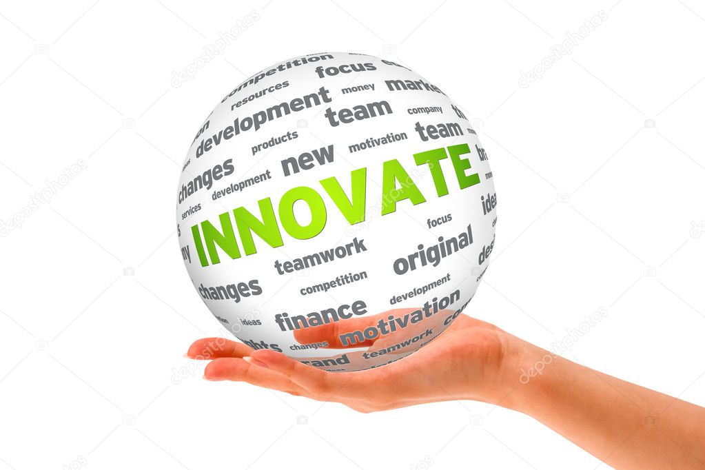Hand holding a Innovate 3D Sphere sign on white background.