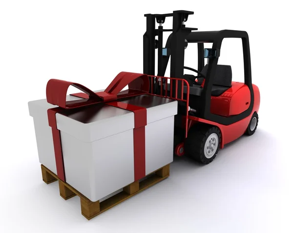 Forklift truck with christmas gift box — Stock Photo, Image