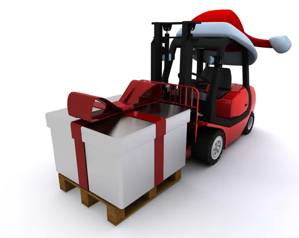 Gaffeltruck med gaveboks til jul – stockfoto