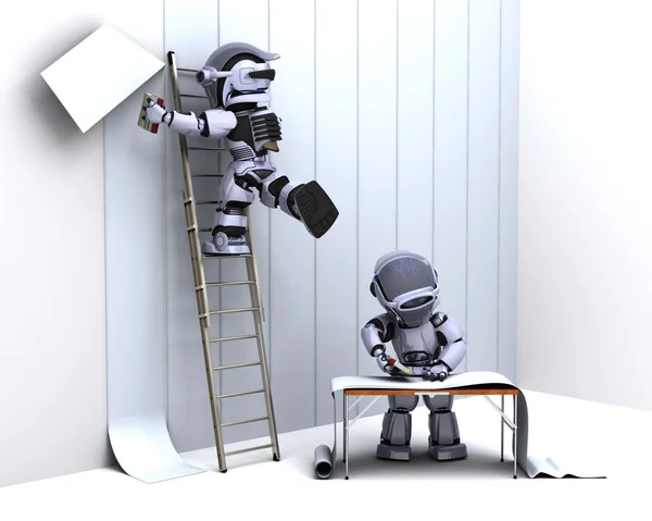Robot decorating with wallpaper — Stock Photo, Image