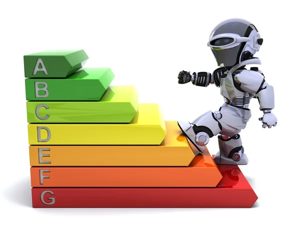 Robot with energy ratings sign — Stock Photo, Image
