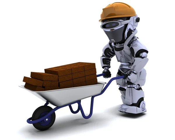 Robot Builder with a wheel barrow carrying bricks — Stock Photo, Image