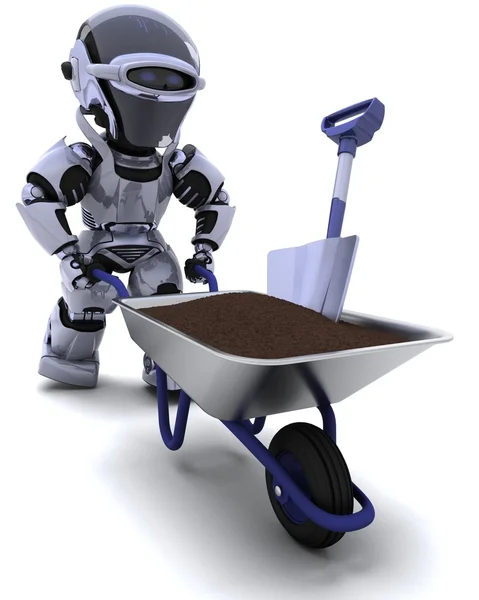 Robot gardener with a wheel barrow carrying soil — Stock Photo, Image