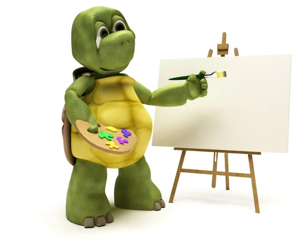 Sköldpadda med staffli och målar palett — Stockfoto