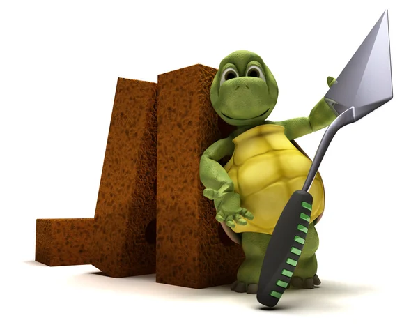 Tortoise with bricks and cement trowl — Stock Photo, Image