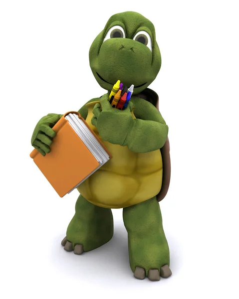 Tartaruga com livro escolar e lápis de cor — Fotografia de Stock