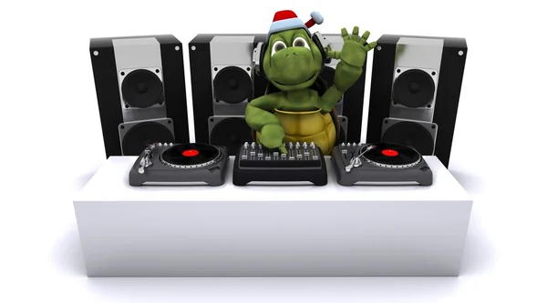 Christmas tortoise DJ mixing records on turntables — Stock Photo, Image