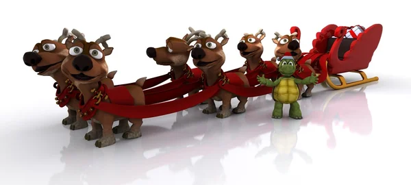 Tortoise with sleigh and reindeer — Stock Photo, Image