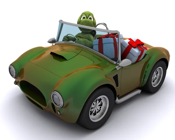 Tartaruga dirigindo um carro com presentes — Fotografia de Stock