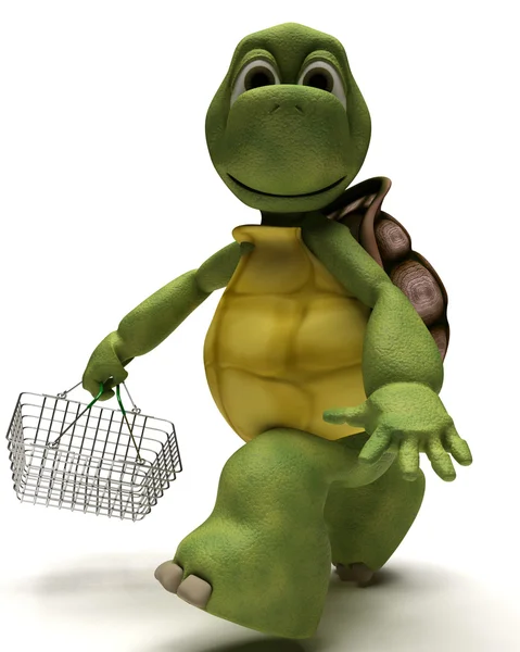 Tortoise with a shopping basket — Stock Photo, Image