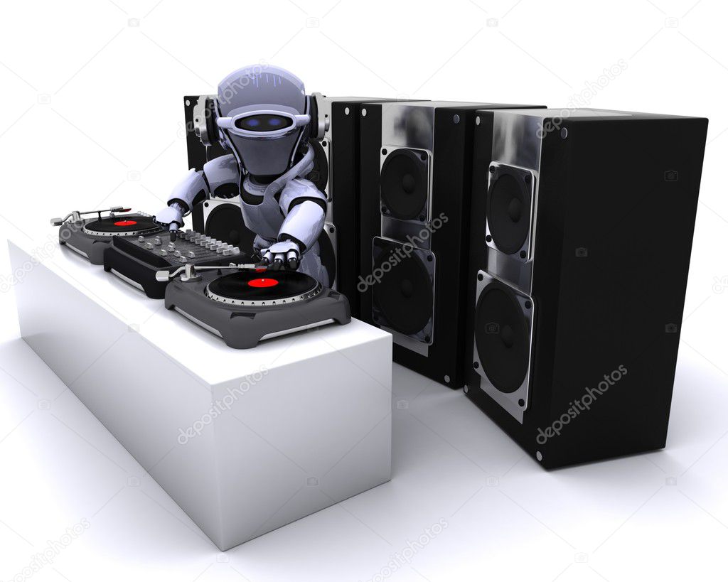Robot DJ mixing records on turntables