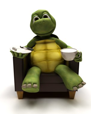 Tortoise relexing in armchair with a coffee clipart