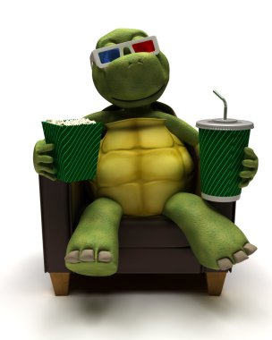 Kaplumbağa relexing içinde bir 3d film izlerken bir soda içme koltuk