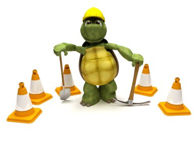 Tortoise with a spade and pick axe with hazard cones clipart