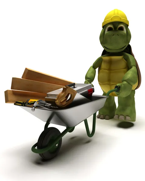 Tortoise Builder with a wheel barrow carrying tools — Stock Photo, Image
