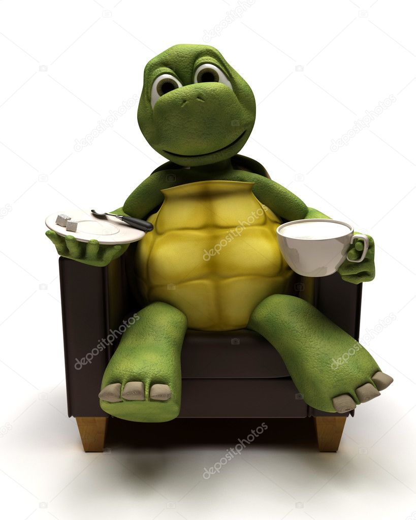 Tortoise relexing in armchair with a coffee