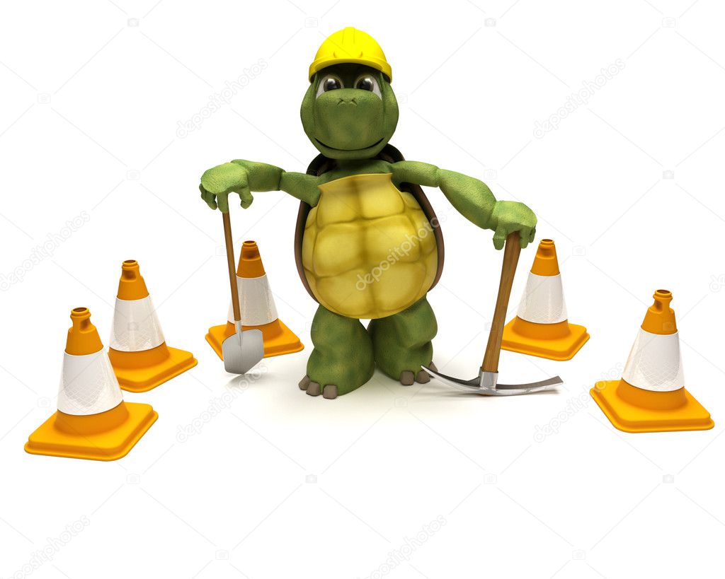 Tortoise with a spade and pick axe with hazard cones