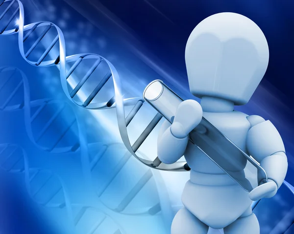 Homme avec éprouvette sur fond d'ADN — Photo