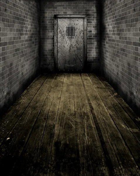 Grunge interieur met een gevangenis deur — Stockfoto