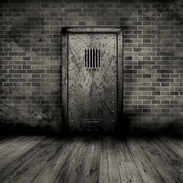 Grunge interieur met gevangenis deur — Stockfoto