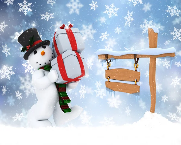 Рождественский снеговик со снежным знаком — стоковое фото