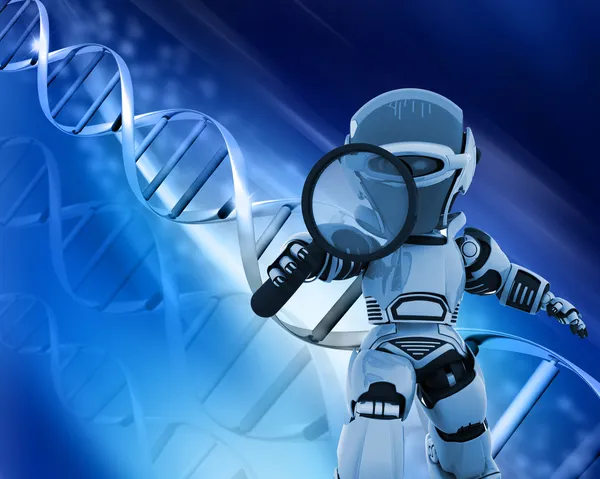 Robot con lente d'ingrandimento su fondo DNA — Foto Stock