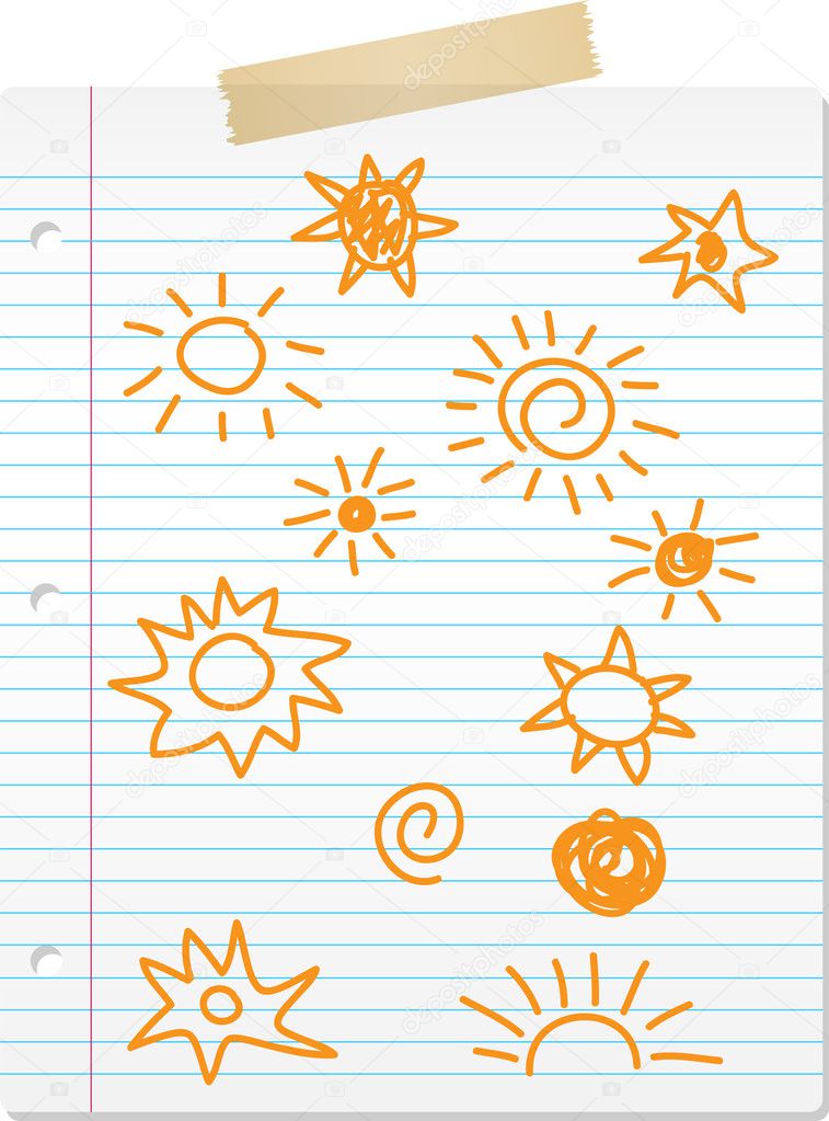 Hand drawn sun doodles on lined paper