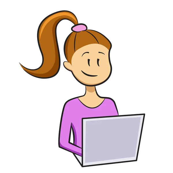 Girl types on a laptop and smiles — Stock Vector