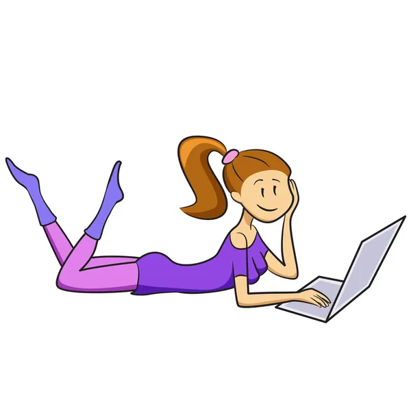 Chica de dibujos animados mintiendo y escribiendo en un ordenador portátil — Vector de stock