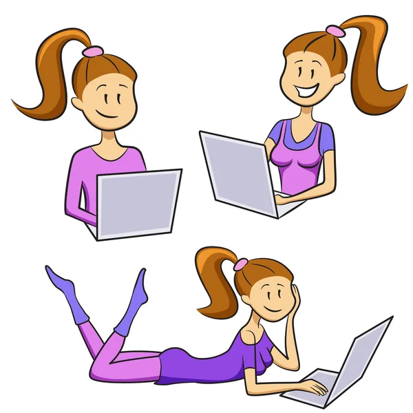 Funny cartoon girl tipes on a laptop — Stock Vector