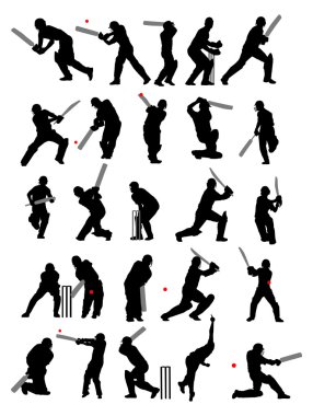 25 detail cricket poses in silhouette clipart
